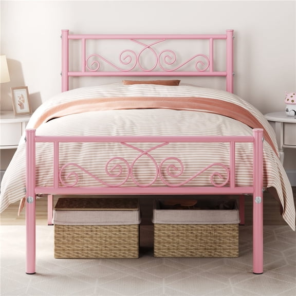 Yaheetech Graceful Scroll Metal Platform Bed with Headboard and Footboard, Twin, Pink