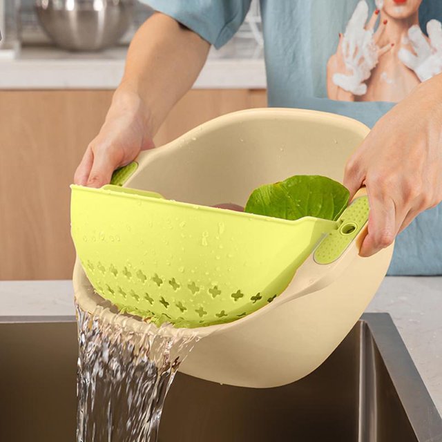 Cesta multifuncional, nuevo recipiente para limpieza de frutas con colador, recipiente para fregadero de cocina, escurridor, enjuagador de frutas, recipiente con filtro para lavar verduras Akmoler