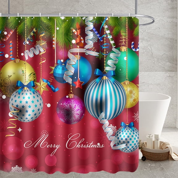 HOARBOEG Christmas Bathroom Set - Waterproof Shower Curtain with Non-Slip Mats (71x71 Inch) Holiday Decor, Red/Green Flannel Polyester, Hooks Included - Toilet Rug, Seat Cover & Floor Mat