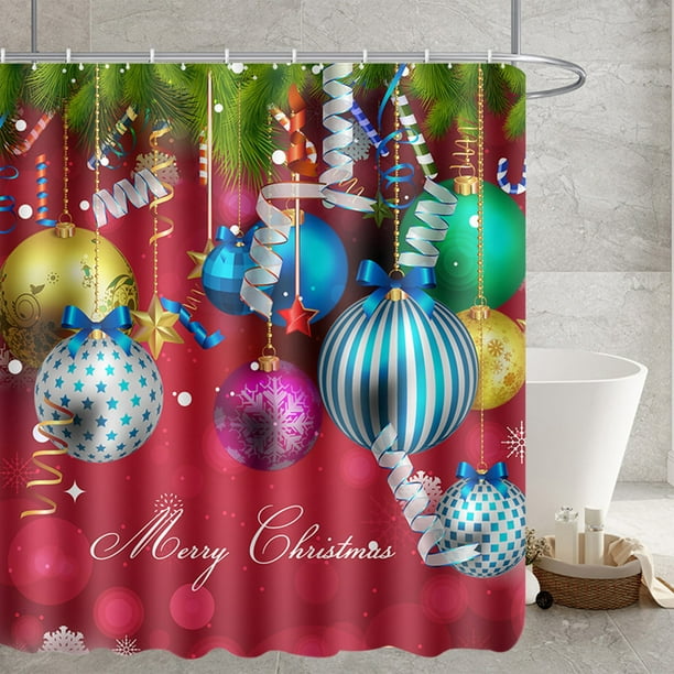 Christmas Bathroom Curtain Floor Mat Set Bathroom Colorful Christmas Ball Digital Printing Bathroom Water Proofing Curtain Toilet Floor Mat Set With Hooks