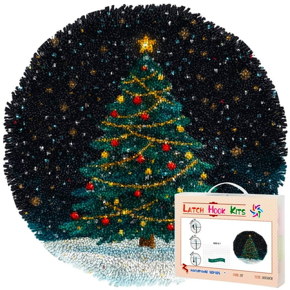 Latch Hook Rug Kit Merry Christmas Tree Stamped Handmade Round Shape Carpet Crochet Yarn Craft DIY Hook and Latch Door Mat Tapestry for Christmas Home Floor Decor 50x50cm(2)
