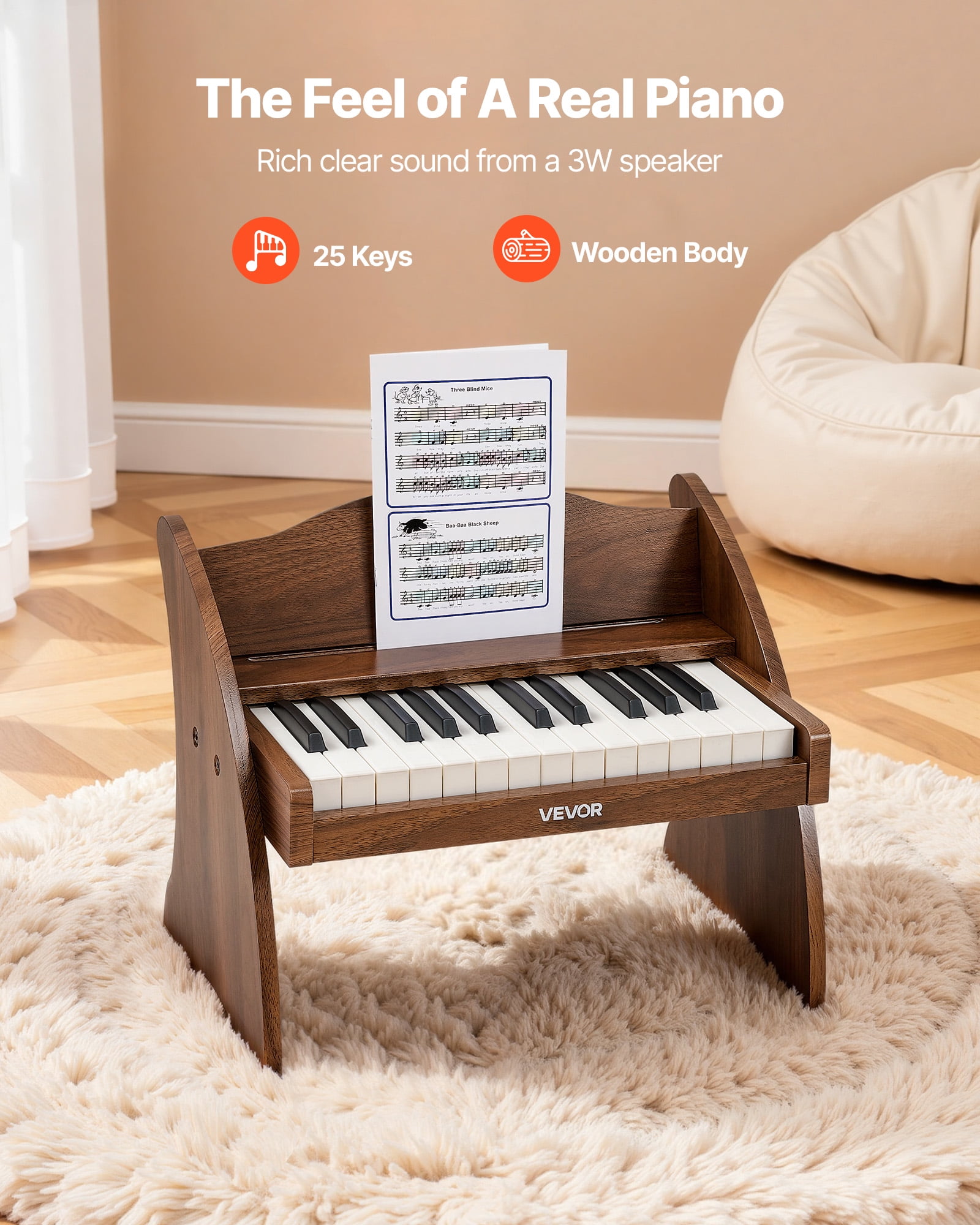 VEVOR Kids Piano Keyboard, 25 Keys Wooden Digital Piano for Kids, Mini Music Educational Instrument Toy with Realistic Sound, Dual Power, Adjustable Volume for Toddlers, Boys Girls Learning, Walnut