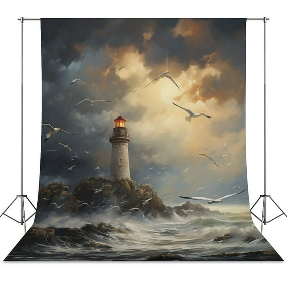 Lighthouse Sunrise Coast Scenery Pale Blue Tan Backdrops for Photography Kids Adult Photo Booth Video Shoot Vinyl Studio Prop
