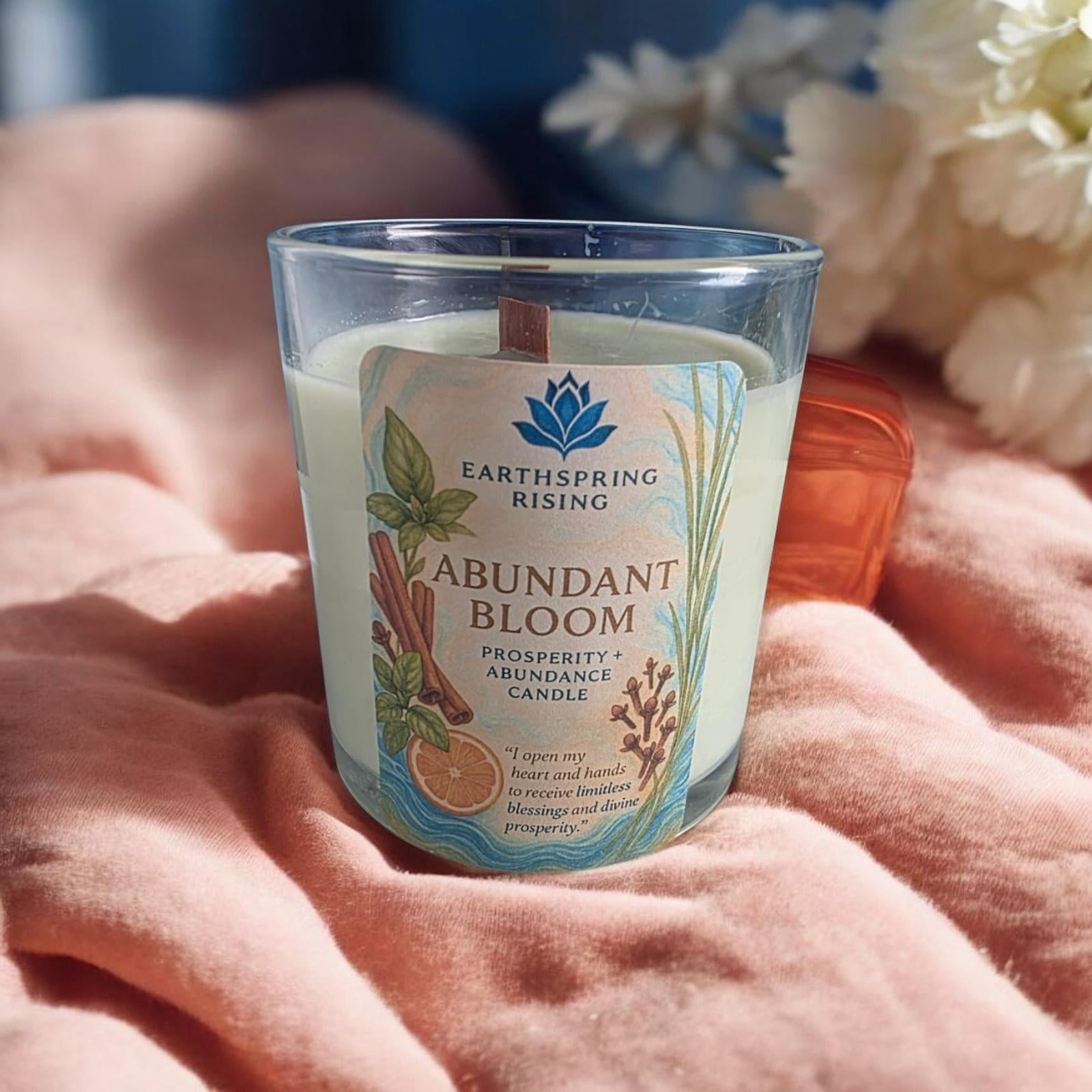 Abundance Bloom Candle – Orange, Vetiver, Basil, Clove & Money Oil | 10oz Soy Wax Wood Wick Candle with Wood Lid | 50-Hour Burn | Manifestation & Prosperity Ritual