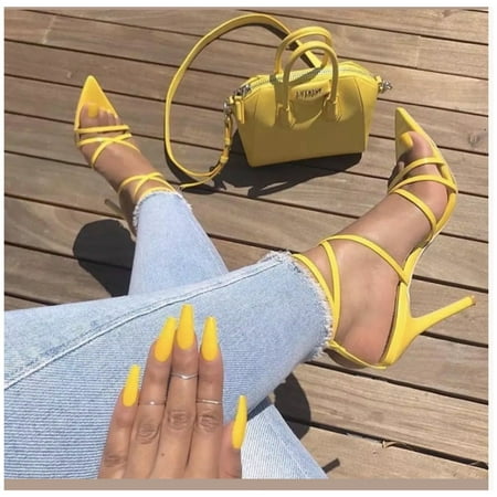 Yellow Ankle Strap - Cape Robbin ADA Yellow Super Strappy Pointy Open Toe Ankle Strap Stiletto Heel (9) (6)