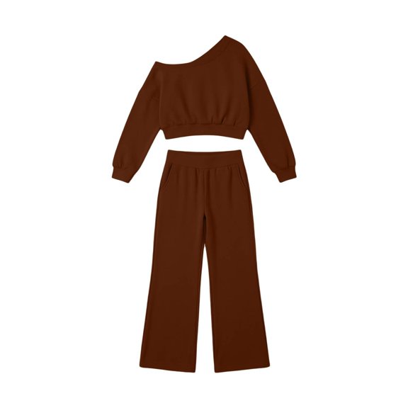 JFTTX Girls Sweatsuit 2 Piece Outfits Off The Shoulder Cropped Sweatshirts and Wide Leg Sweatpants Sets for Girls Fall Fashion Outfits Size 1-12Y