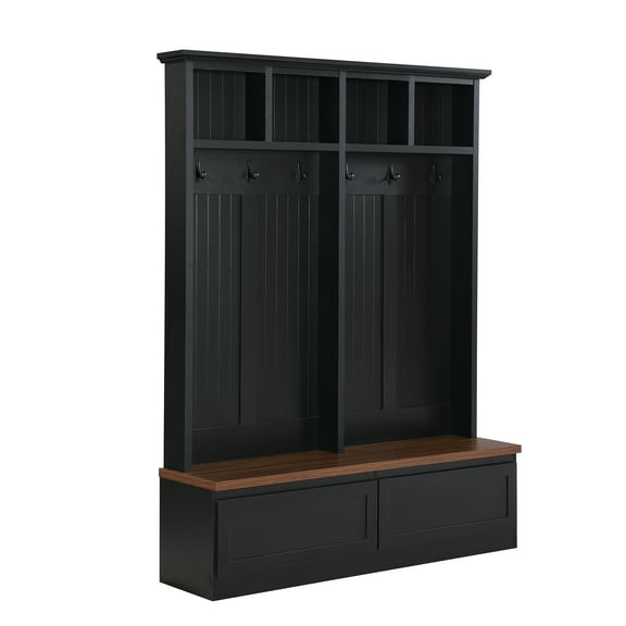 Knubmt Wood Hall Tree with Storage Bench and Shelf and 6 Coat Rack with 2 Drawer, 4-in-1 Hall Tree for Hallway, Living Room, Bedroom, Black
