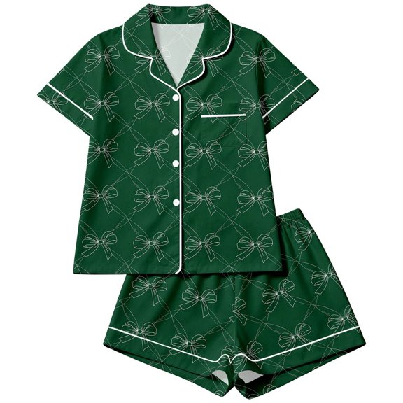 RUTAYY Girls Pajama Set 2 Piece Sleepwear Bow Graphic Button Down Lapel Collar Daily Night Relax Outfit Green