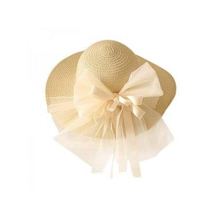 

Ame Summer Baby Breathable Hat Straw Hat Kids Beach Capsunscreen Bow Seaside Holiday Hat With UV Protection Wide Brim