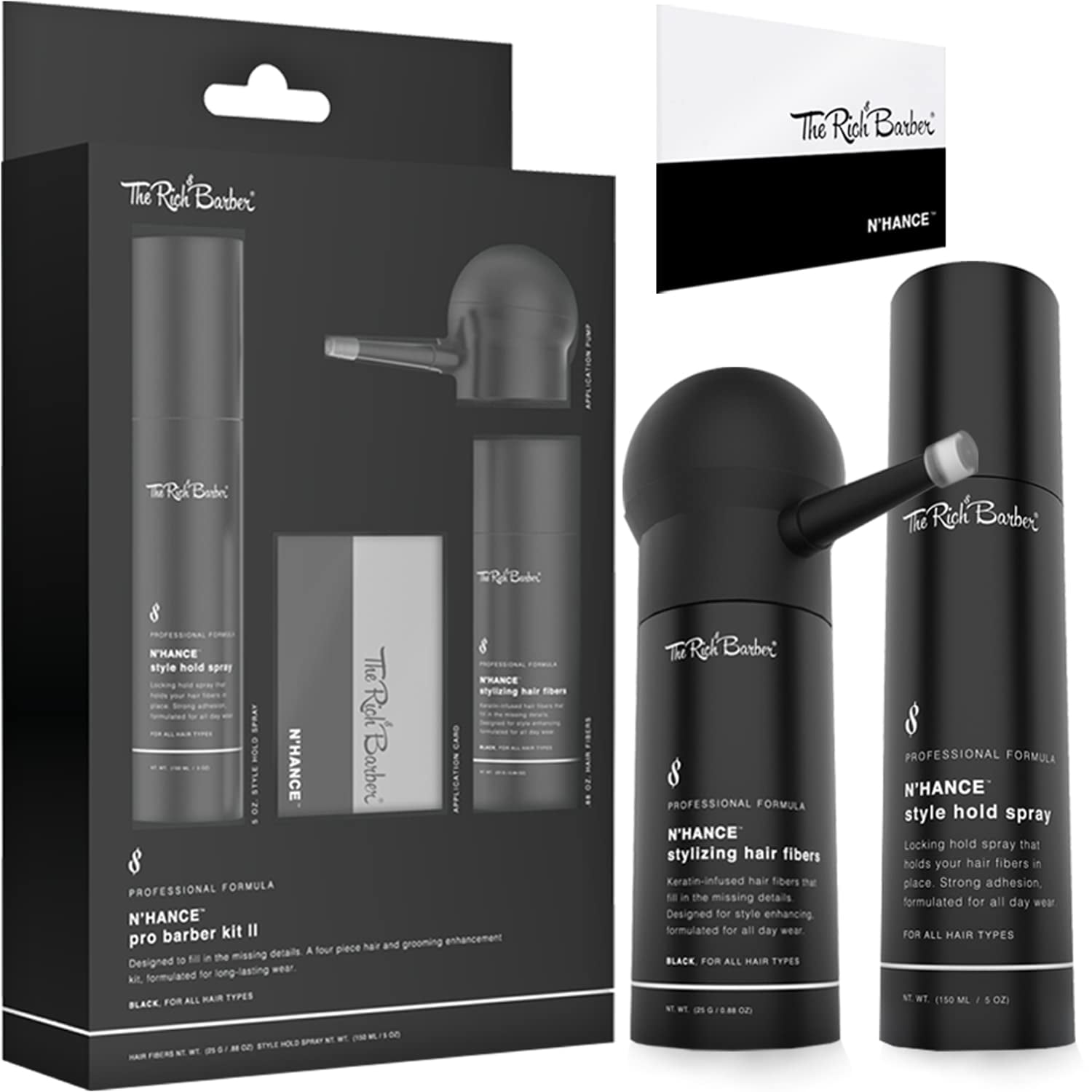 The Rich Barber N'Hance Hair Fibers, Hold Spray & Applicator Set | Natural  Concealing Hair Thickening Fibers | Long-Lasting Wear For Sharper  Hairlines, Thicker Beard, & Professional Styling (Black) 