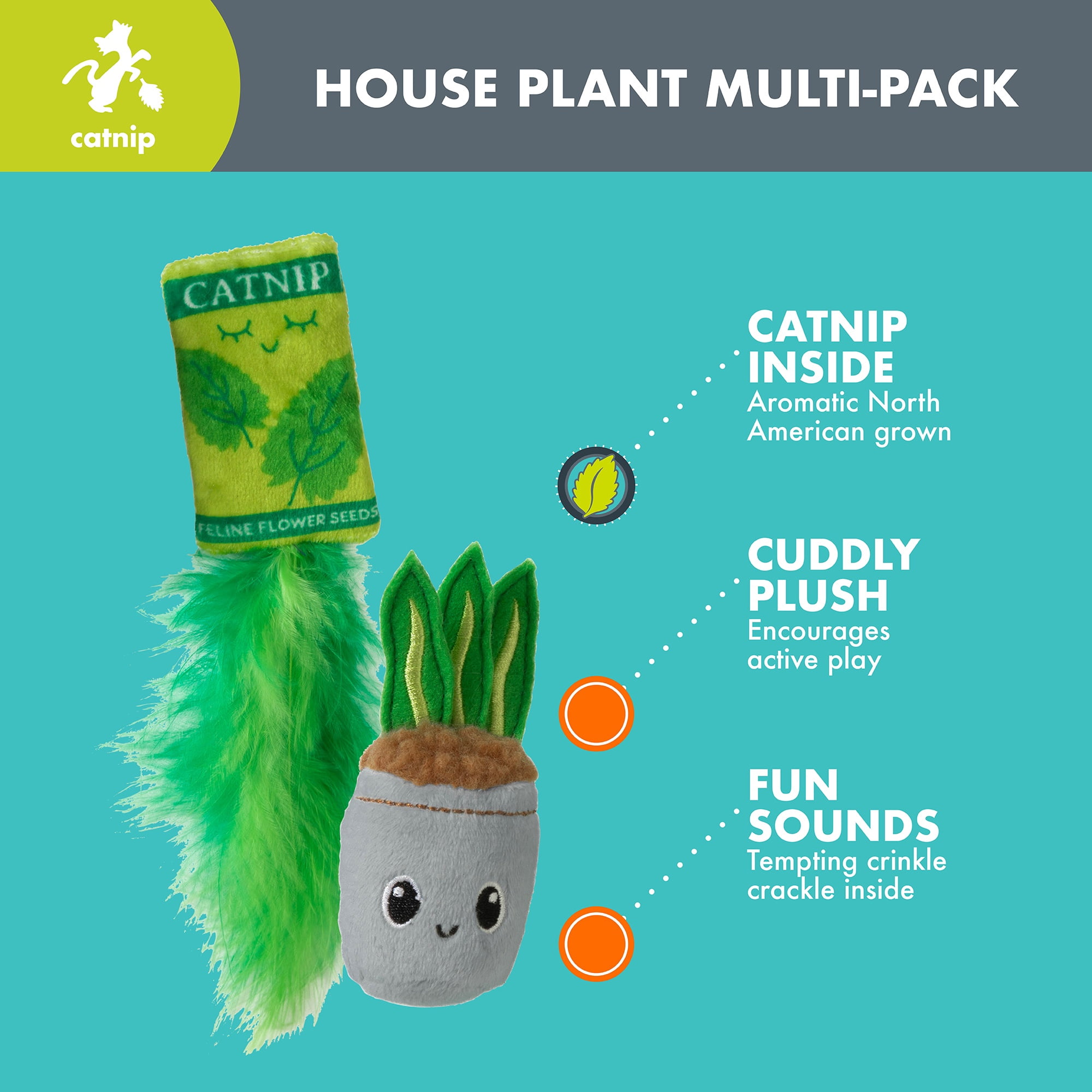 Quirky Kitty House Plant Catnip Interactive Plush Cat Toy, Multicolor, Pack of 2