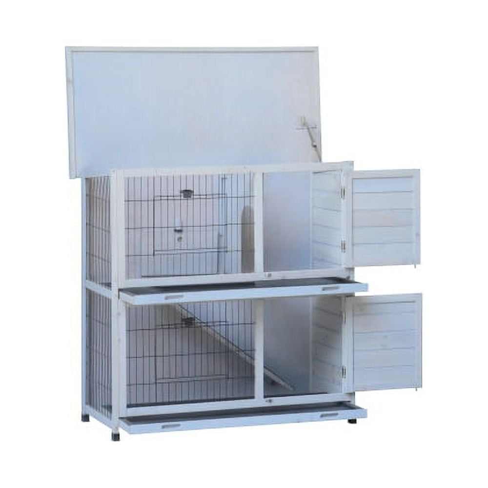 Rabbit Hutch Outdoor, 2-Story Rabbit Cage Indoor with Run, Bunny Cage with 2 Removable No-Leak Trays, Pet Cages with Non-Slip Ramp, Waterproof Roof, Fence, for Small Animals