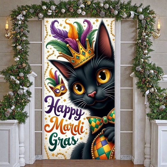 Black Design Mardi Gras Banner Golden Crown Happy Mardi Gras Display Feather Decor Masked Theme Carnival Backdrop for Mardi Gras Party Carnival Celebration Indoor Decoration