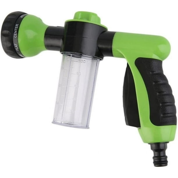 Pistola pulverizadora verde con depósito para jabón o fertilizante - Lavado a presión - Accesorios de riego - 8 patrones de riego - Rociador de manguera con dosificador