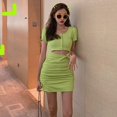 thumbnail image 4 of Femmes Dentelle en Vrac O Cou Manches Courtes Décontracté Robe Creuse Slim Robe, 4 of 9