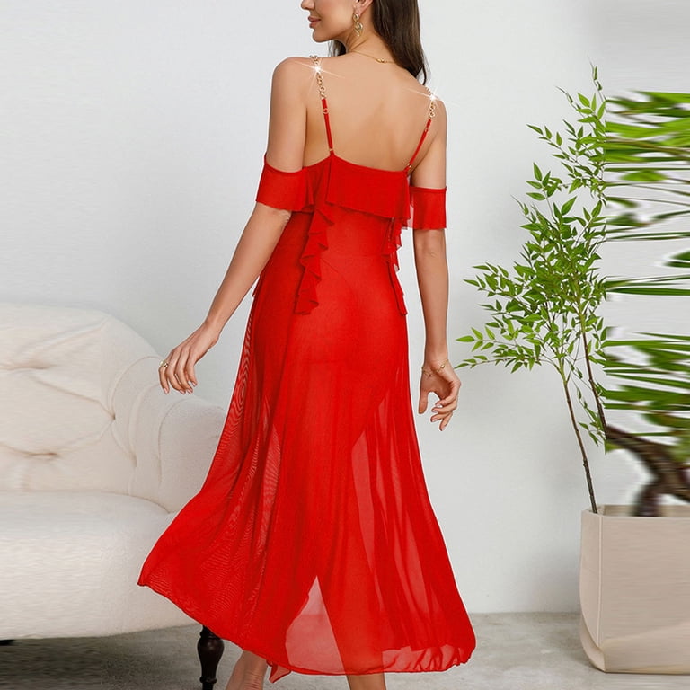 Fengactive Womens Elegant Ruffle Nightgown Gold Chain Strap V Neck Sheer Mesh Overlay Open Back High Slit Long Sleep Dress