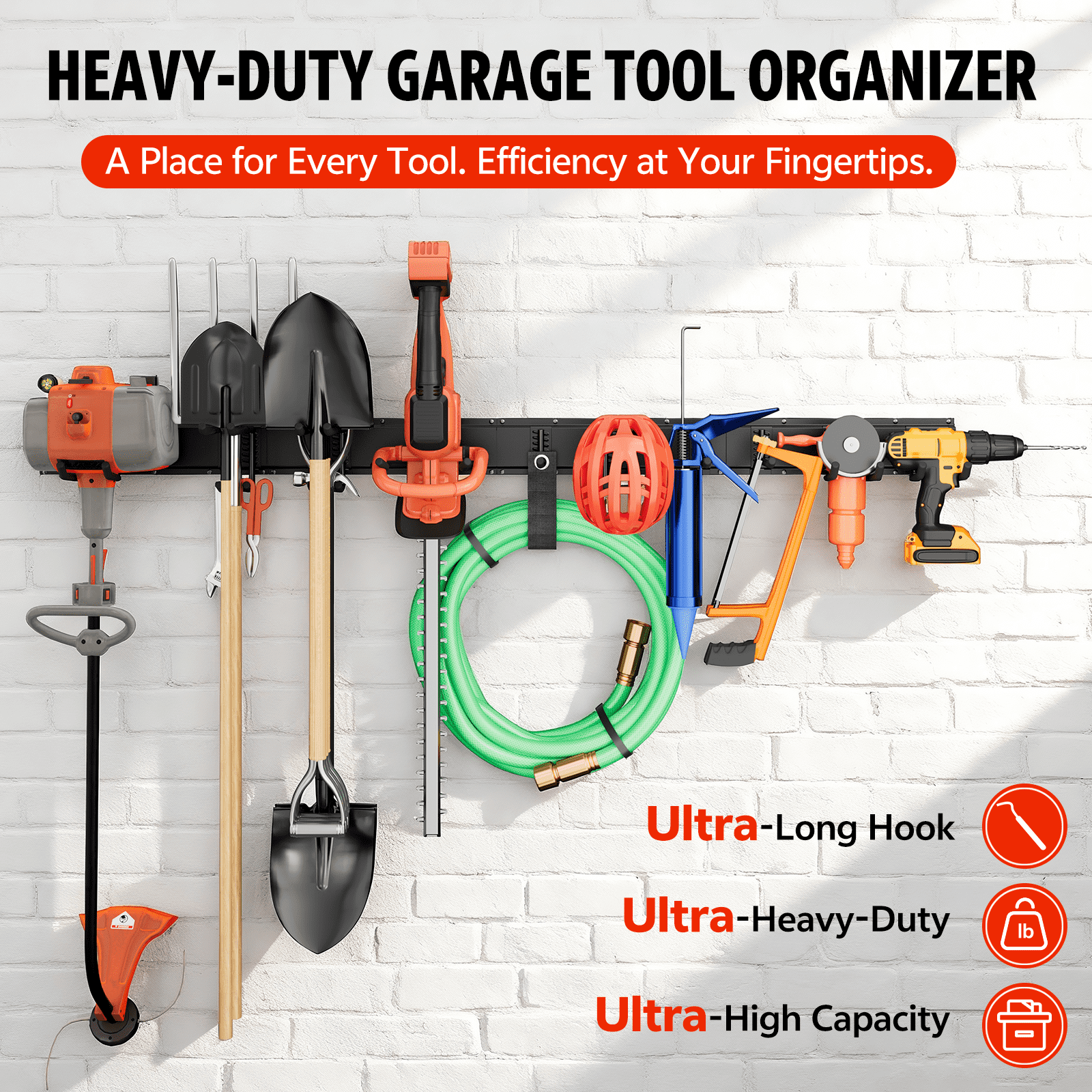 UNTIMATY 64" Garage Tool Organizer Wall Mount Garden Tool Storage Rack Hanger for Yard and Lawn with 10 Adjustable Hooks, 600 lbs Capacity