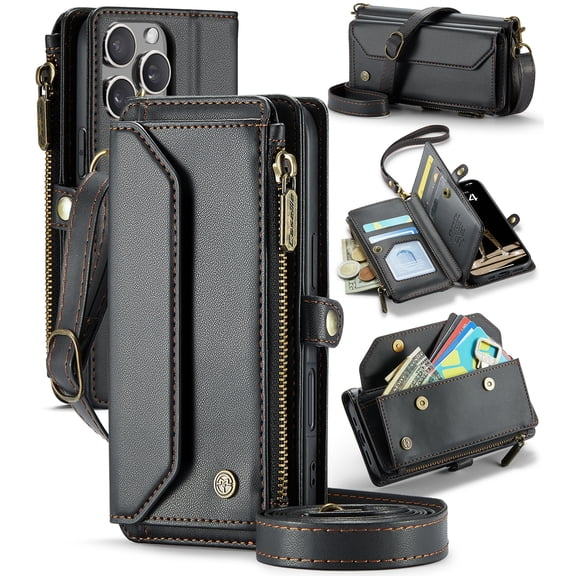 For iPhone 16 Pro Crossbody Wallet Case, with 10 Card Slots, Zipper RFID Blocking Pocket and Magnetic Flip Folio 3-in-1 PU Leather Wristlet Shoulder Strap Case,Black