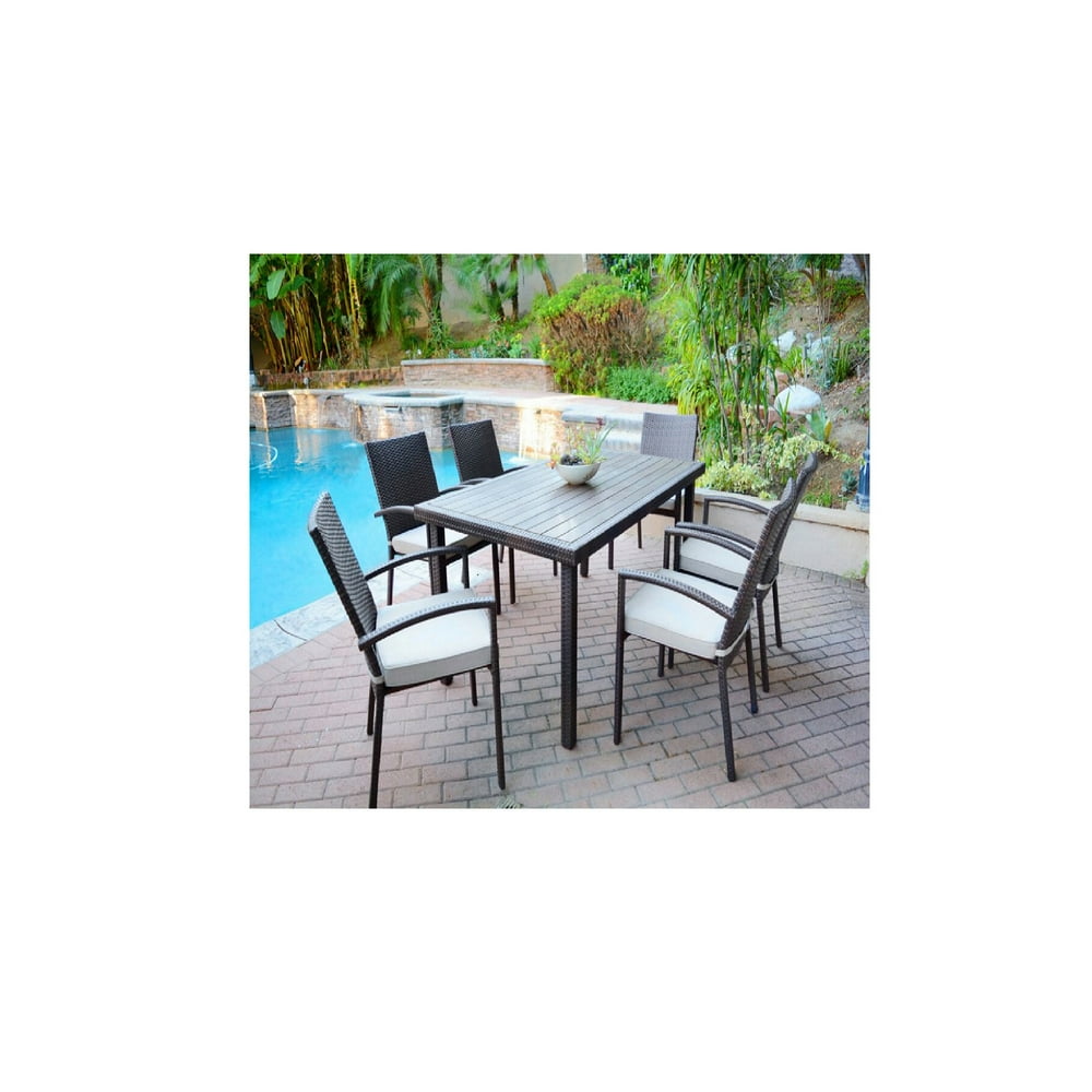 Set of 7 Espresso Brown Resin Wicker Outdoor Dining Table and Chairs