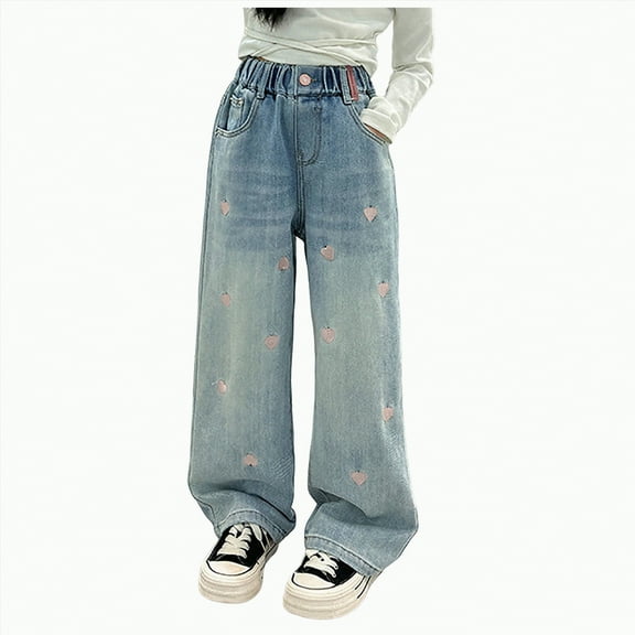 TOWED22 Girls Wide Leg Jeans Kids High Waisted Demin Pants Stretch Long Pants with Pockets(Blue,12-14 Y)