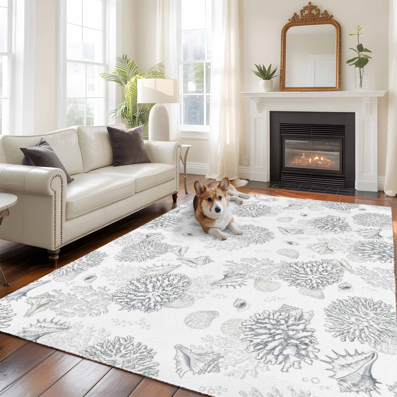 Gray Coastal Area Rugs 5'x8', Washable Small Throw Rugs for Classroom Bedroom, Summer Beach Ocean Coral Conch Shell Indoor Outdoor Rug Non-Slip Low Pile Carpet Runner Reversible Floor Mats