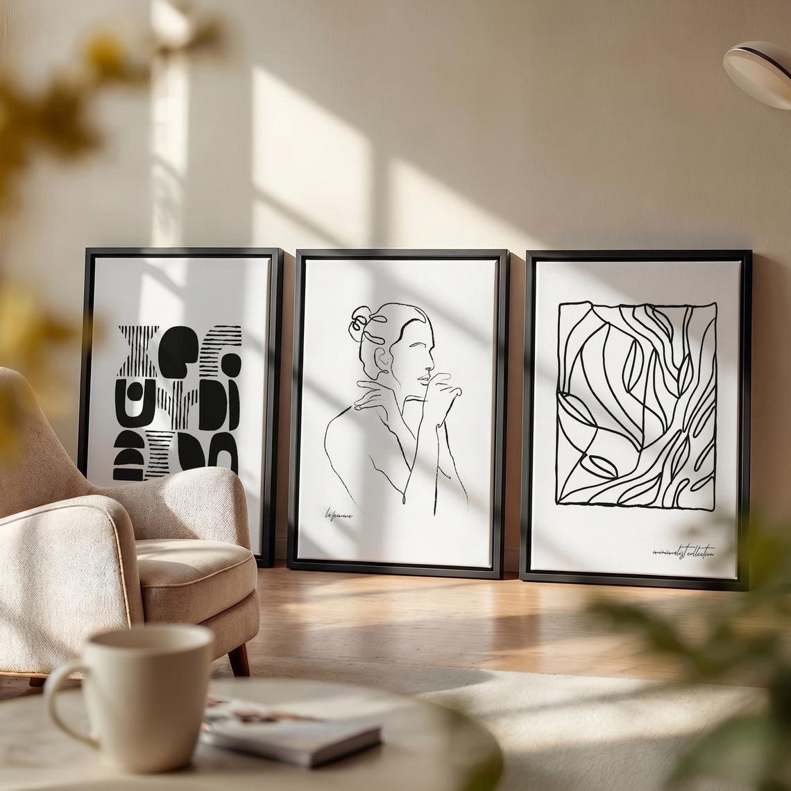 Minimalist Line Art Framed Print Abstract Woman Wall Art Boho Living Room Decor Set 3