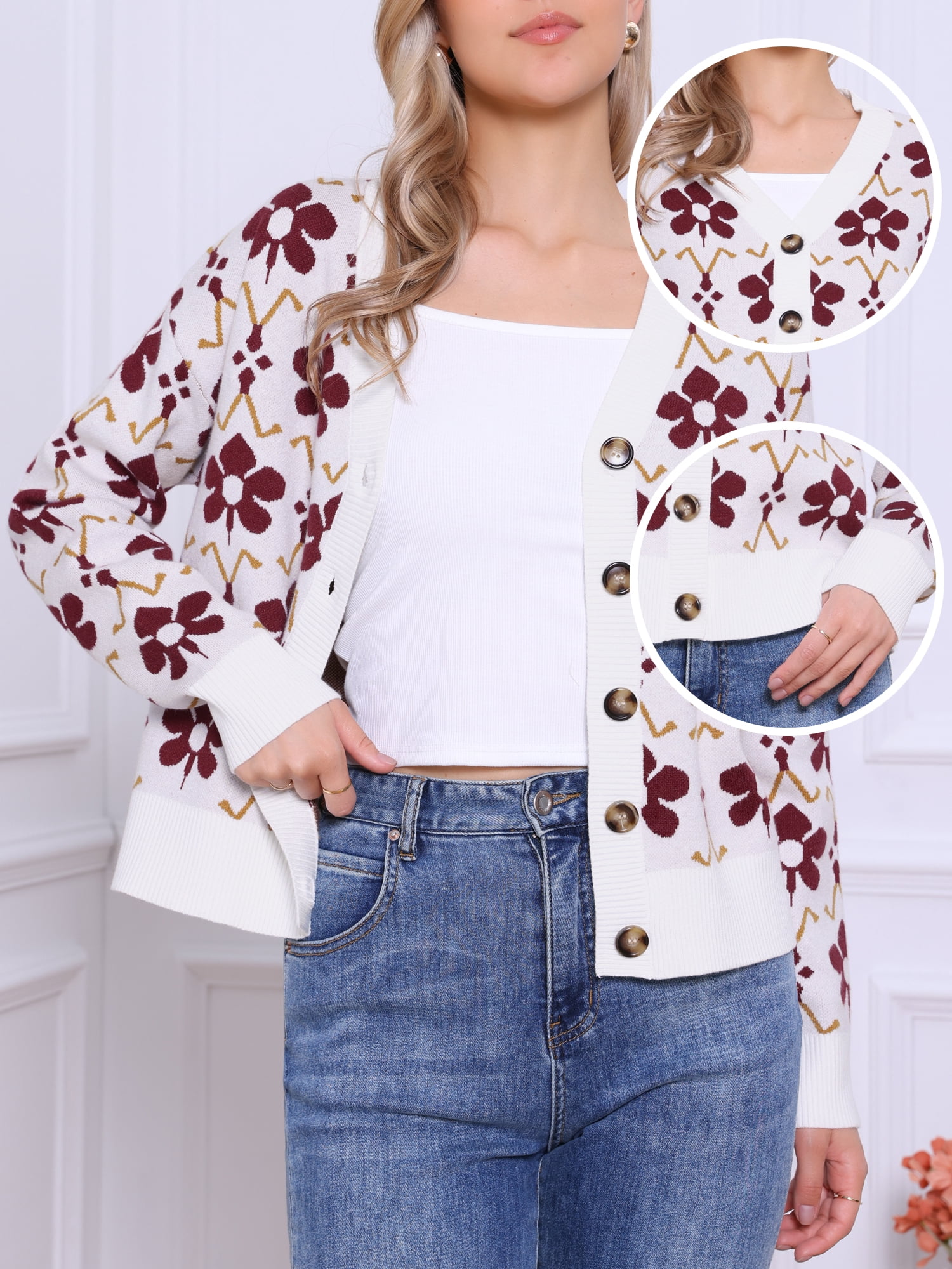 DARING DIVA Women's Floral Open Front V Neck Button Down Long Sleeve XL White