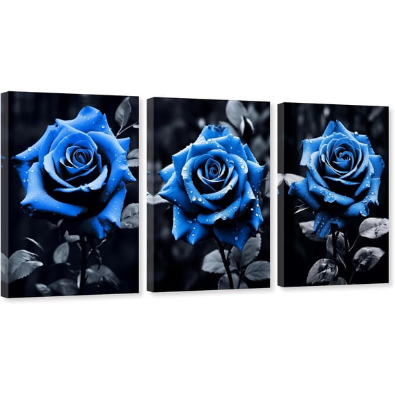 ZHONGYUTONG 3 Piece Blue Rose Canvas Wall Art Black and White Blue Flower Picture Navy Blue Floral Painting for Bathroom Decor Framed (11.00" x 14.00" x 3PCS)