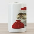 thumbnail image 3 of Christmas Ceramic Toothbrush Holder, Chipmunk in Red Santa Claus Hat and Bag with Surprise Xmas Presents, Decorative Versatile Countertop for Bathroom, 4.5" X 2.7", Pale Yellow White Red, 3 of 4