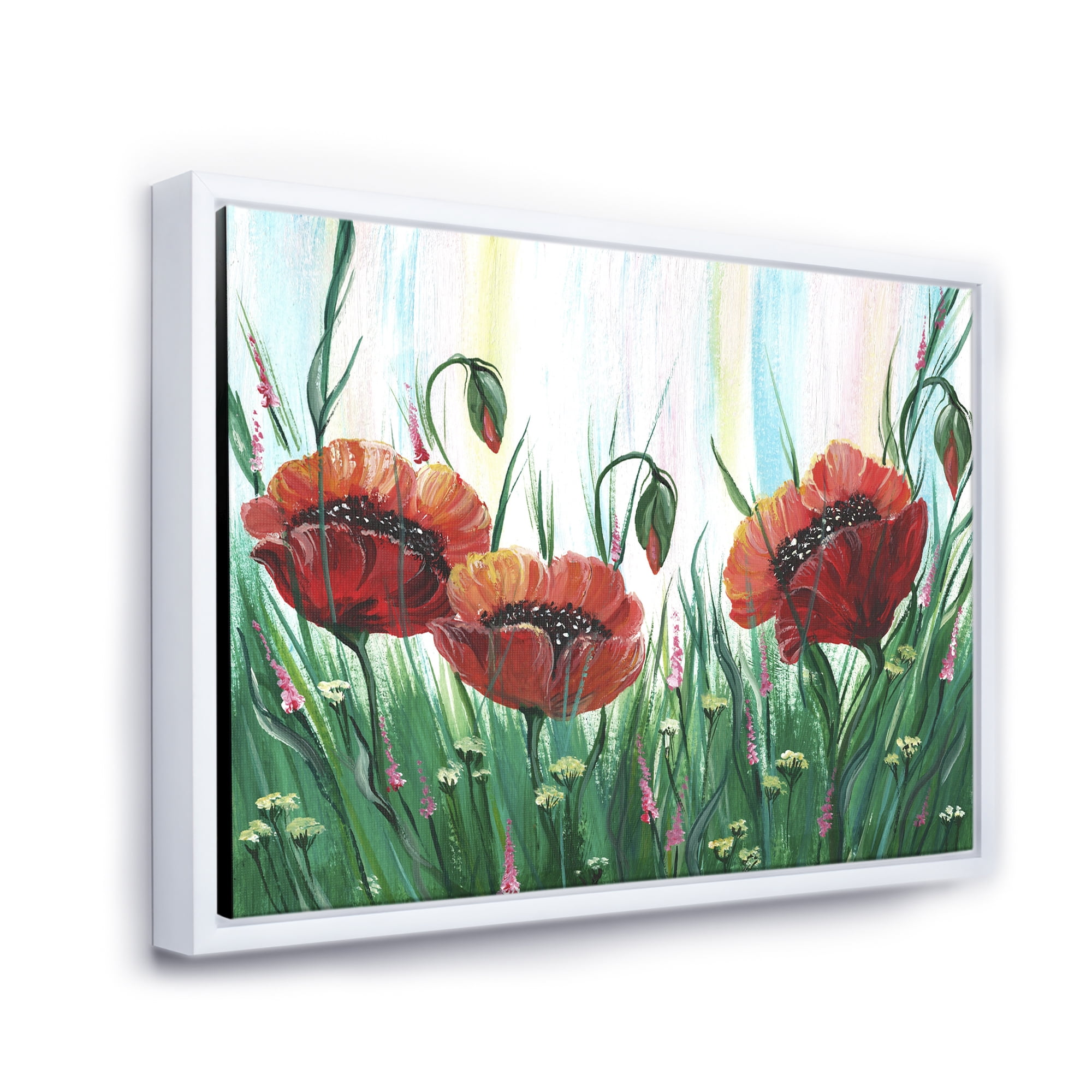 Designart 'Three Red Bright Poppy Flowers On A Green Meadow' Traditional Framed Canvas Wall Art Print
