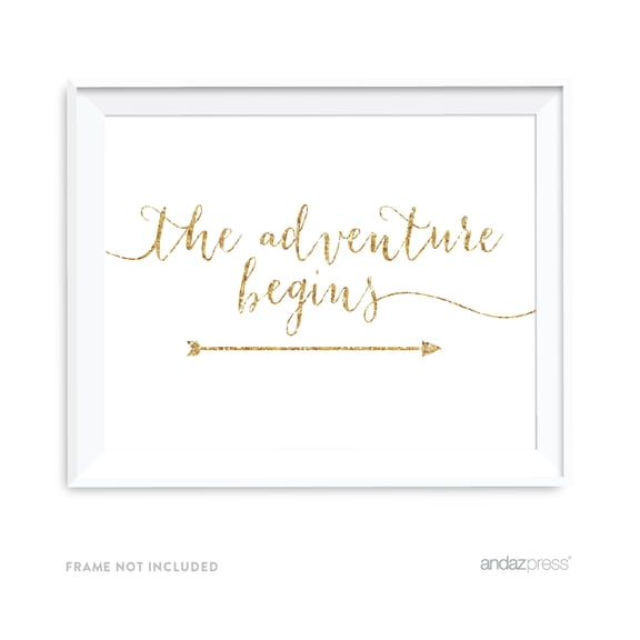 The Adventure Begins Gold Faux Glitter Wedding Party Directional Signs, Double-Sided