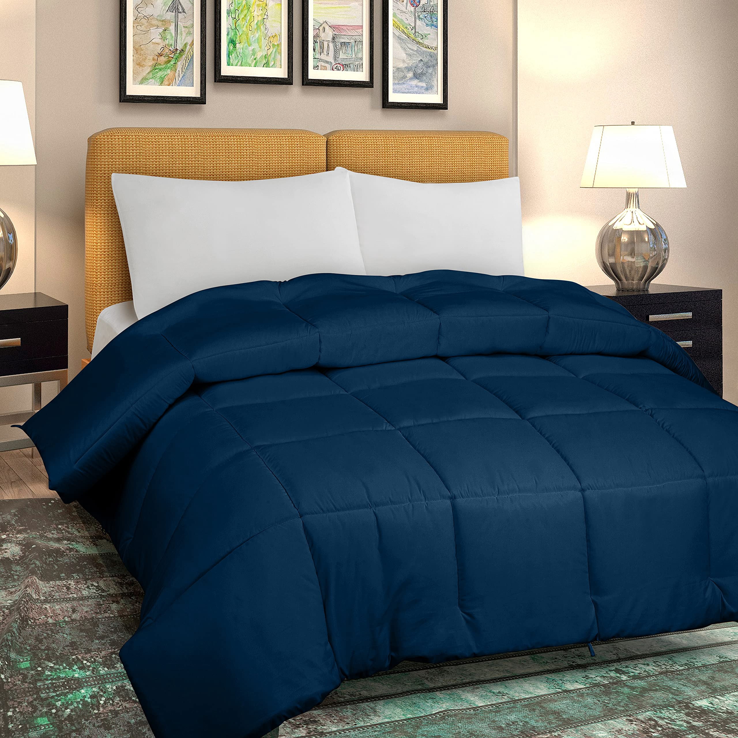 ROYALE California King Comforter - All Season Down Alternative Bedding Comforters- Lightweight Quilted Comforter with Corner Tabs- Soft Luxury Hotel Comforters- Box Stitch Duvet Insert (KingCal Navy)