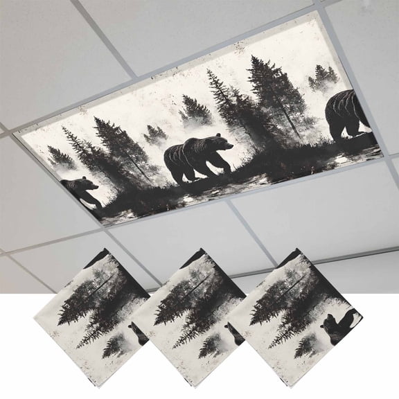 Black Bear Fluorescent Light Covers, Farmhouse Forest Animals Vintage Magnetic Light Covers for Ceiling Lights, Fluorescent Ceiling Shade Filters for Classroom Bedroom Office 4x2Ft x 3PCS