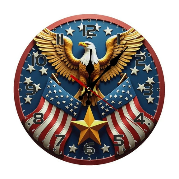 Eagle Flag Star Wall Clock 10 Inch Silent Non Ticking Round Wooden Clock Decoration for Living Room Kitchen Bedroom Bathroom Office Classroom