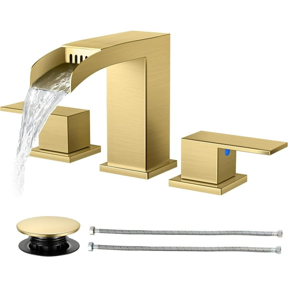 Waterfall Bathroom Faucets 3 Hole, Brushed Gold Bathroom Sink Faucet Square 8 Inch Widespread with Pop-Up Drain, 2 Handle and 2 Supply Hoses, Lead-Free Stainless Steel for Vanity Sink Rv