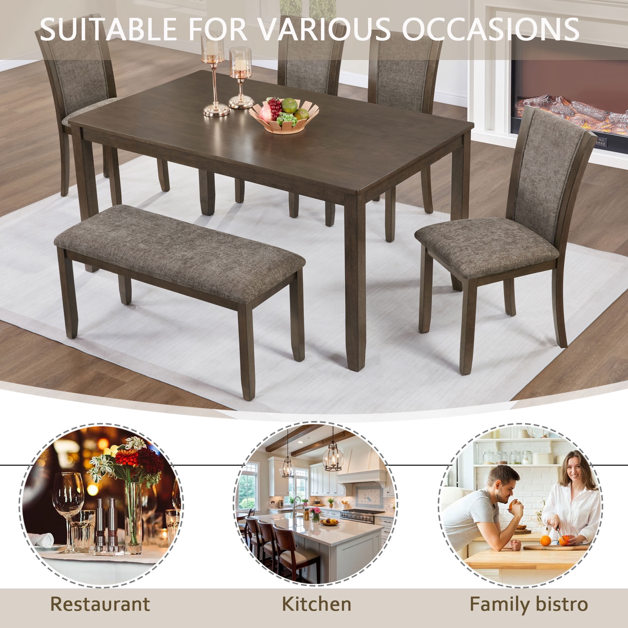 MAYEERTY 6-Piece Dining Table Set with Bench, Farmhouse Rustic Wooden Set for 6-Person Dining Room Kitchen, Dark Walnut