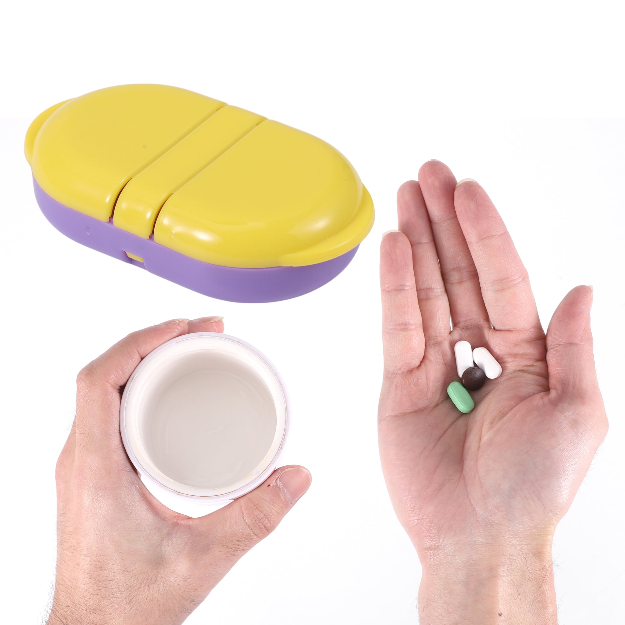 Unique Bargains Durable Flip Up 2 Compartment Pill Case for Travel 1 Pc Purple, Yellow