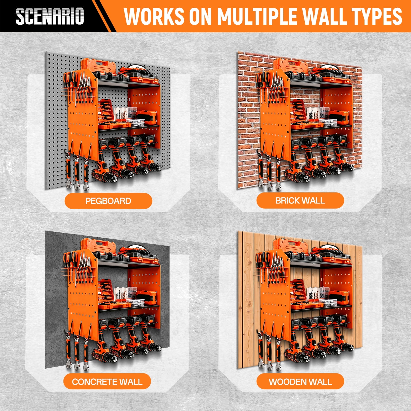 Power Tool Organizer Wall Mount, 4-Layer Drill Storage Shelf with Hooks,Screwdriver,Drill Bit Heavy Duty Rack Orange