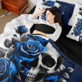 thumbnail image 4 of Feelyou Couple Skeleton Skull Bedding Comforter Set 7pcs, Anniversary Blue Rose King Bedding Sets, Gothic Romantic Theme Reversible Bed Sheets, Ultra Soft Bedroom Decor, 4 of 8