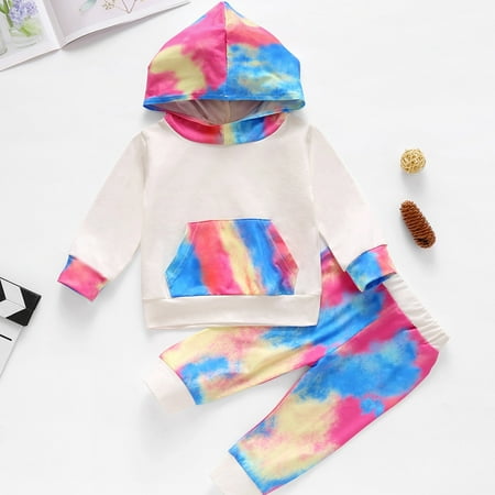 

CHGBMOK Clearance Infant Baby Girls Hooded Long Sleeve Rainbow Tie-Dyed Print Tops+Pants Outfits