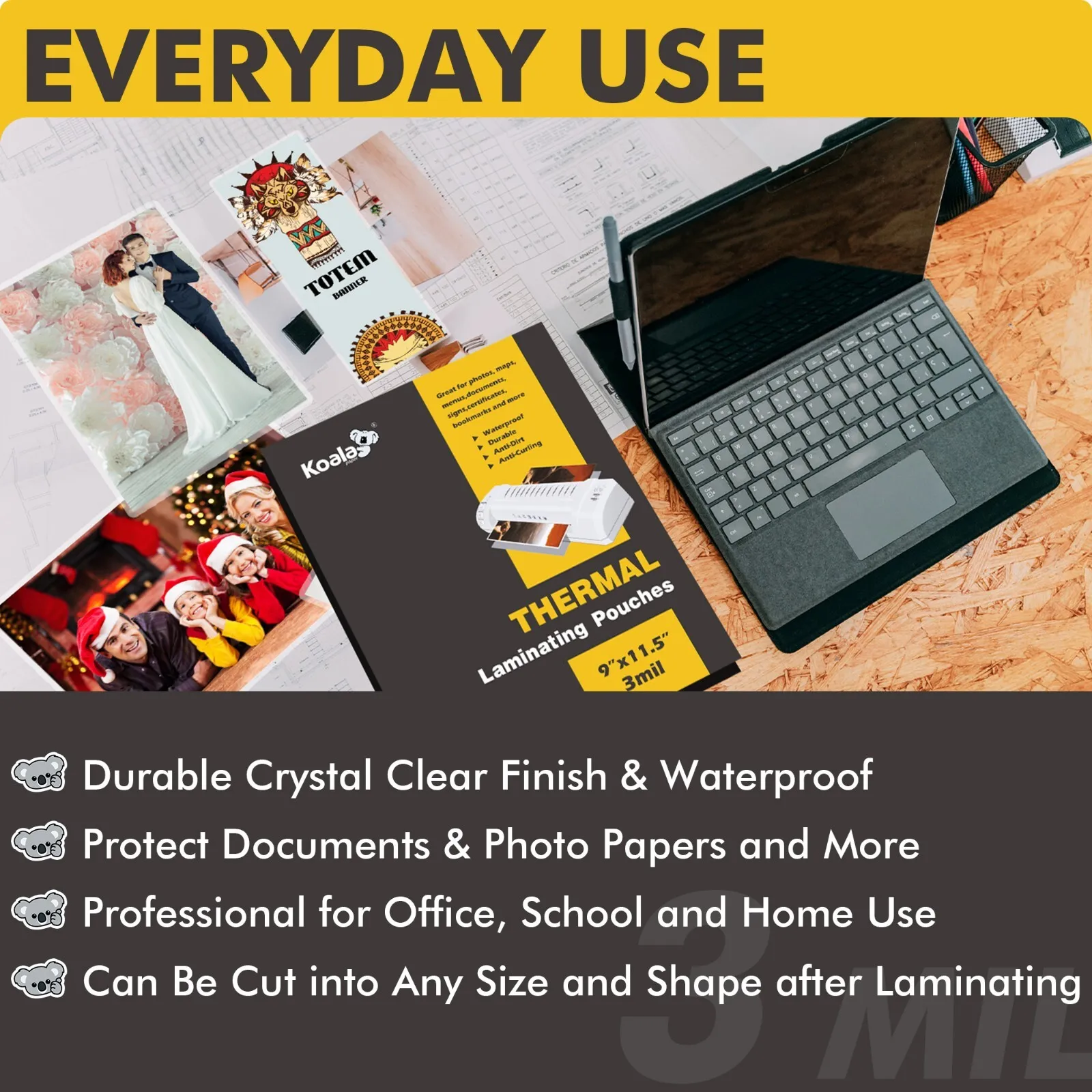 Koala Clear laminating Sheets 9x11.5 inch 3 Mil, 300 Count Bulk Thermal Laminator Pouches for 8.5x11 Photos, Stickers, Ducuments