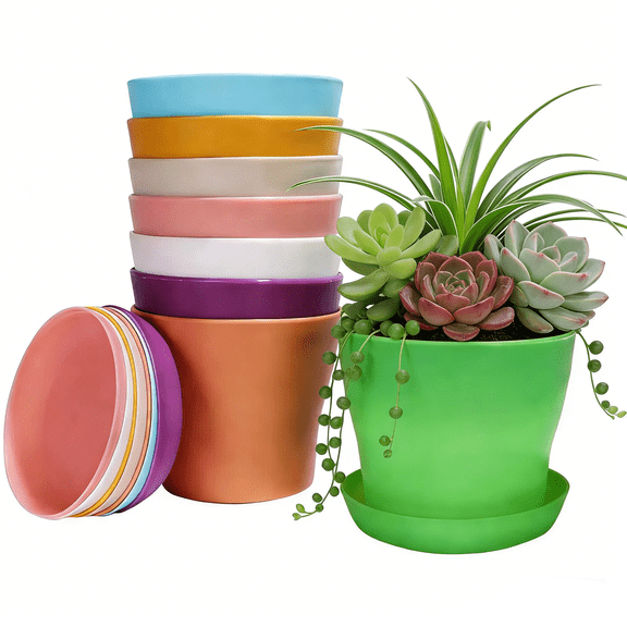 GIXUSIL Plastic Planters Indoor Set of 8 Flower Plant Pots Decorative Gardening Pot with Drainage and Saucer for All House Plants, Herbs, Foliage Plant, and Seeding Nursery Pots (4"*3" / Multicolor)