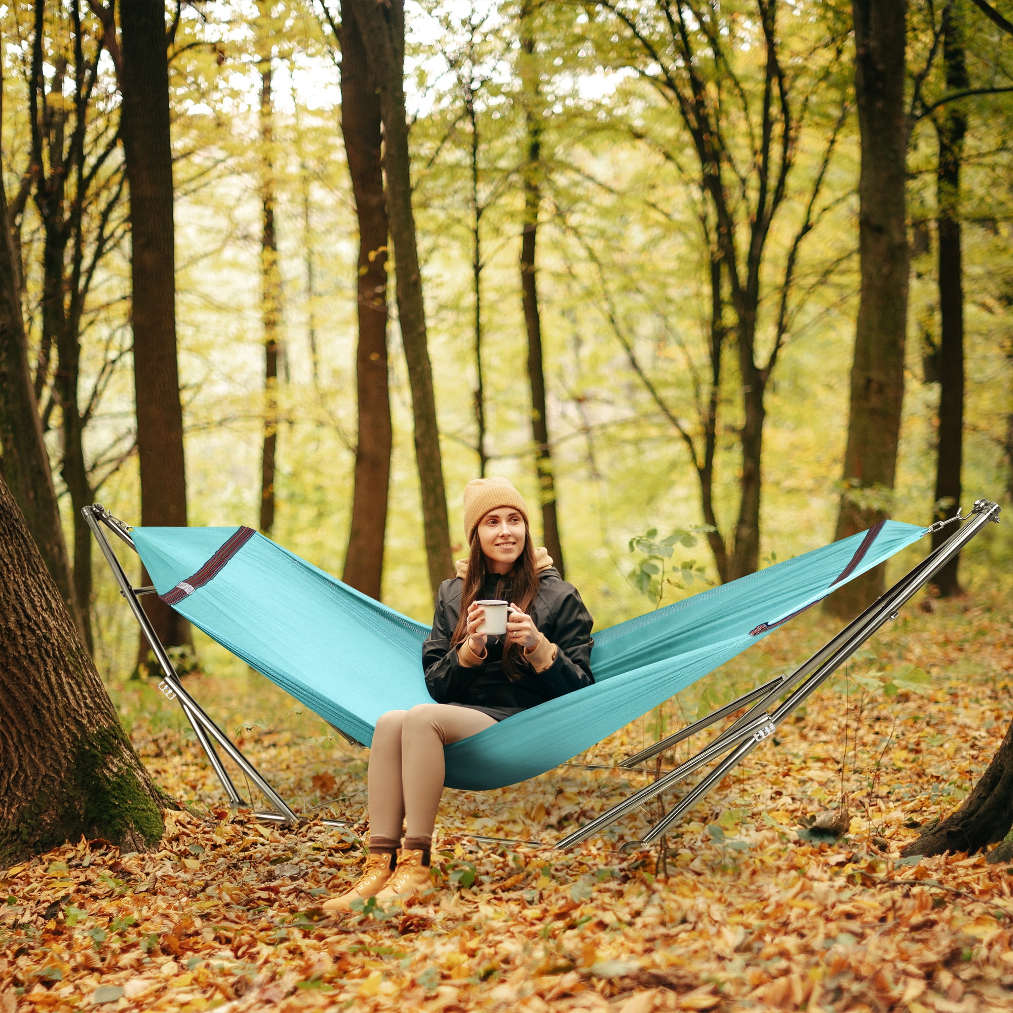 Tranquillo Double Hammock with Stand 600lb Capacity Stainless Steel Double Hammock with Spreader Bar/Sturdy Flexible Hammock Stand Portable, Outdoor Indoor, Sky