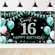 Sweet 16 Party Decorations, Fabric Happy 16th Birthday Banner Backdrop, Sweet Sixteen Birthday Decorations for Girls, Turquoise 16 Birthday Yard Sign Photo Booth Props Decor(Teal Blue Silver)