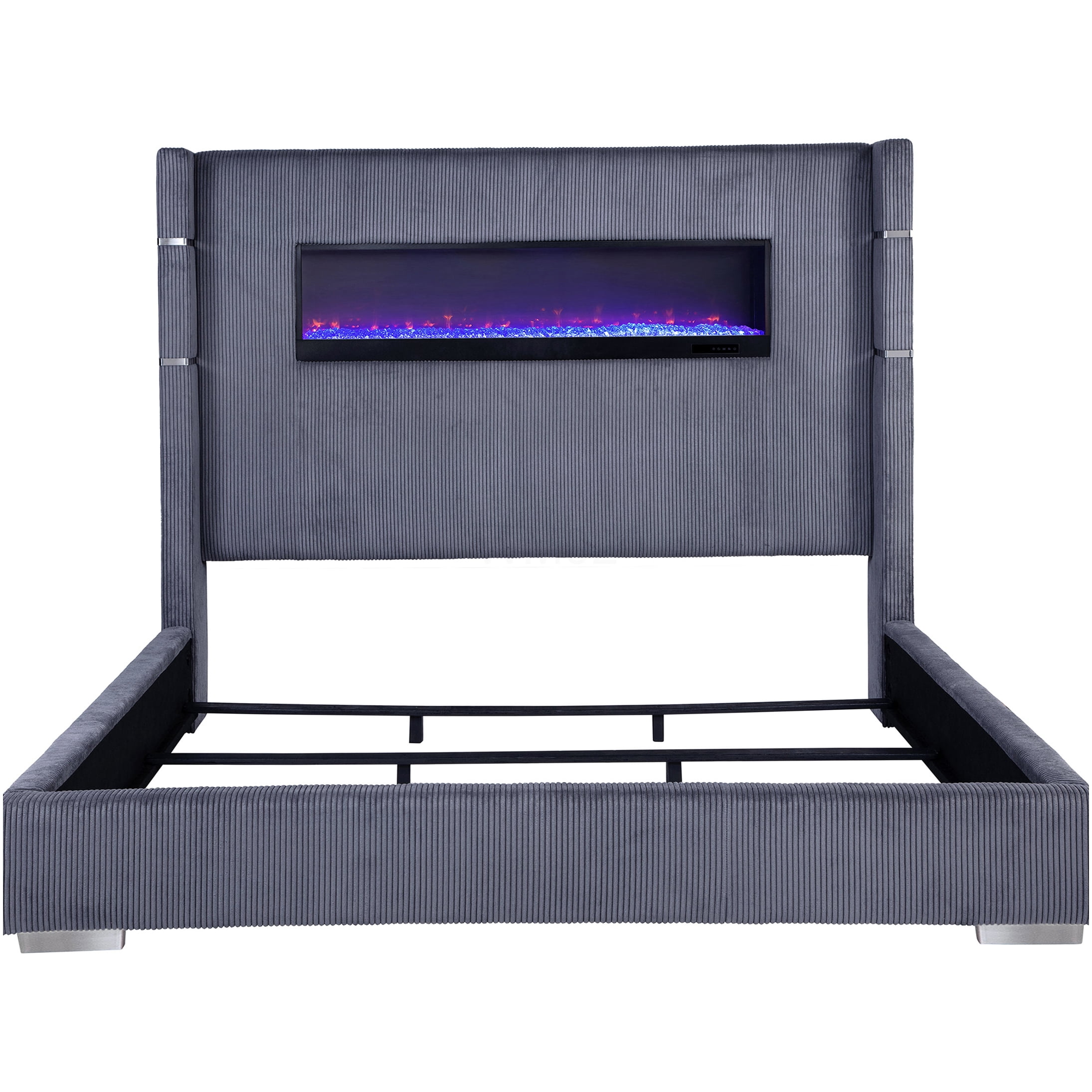 Modern King Size Upholstered Bed Frame with RGB Flame Effects & Storage, Remote Control, Wingback Headboard, Grey