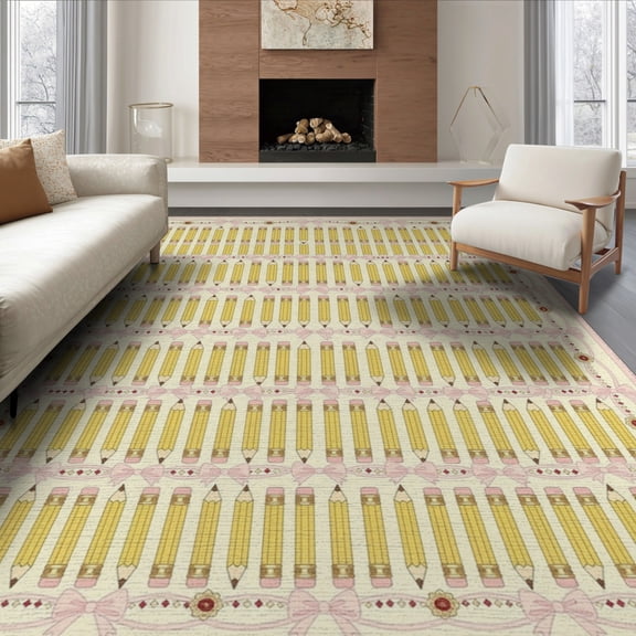 ODIKA 8'x10' Washable Area Rug Classroom Pencil Coquette Ribbon Border Teacher Preschool School Flowing Dynamic for Dining Room, Large Office, Lounge, Non-Slip Chair-Friendly Mat