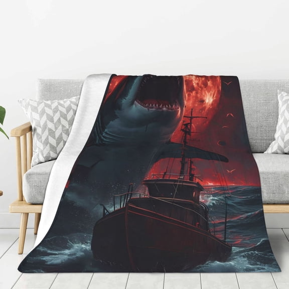 Rateoe Red Moon Shark Sailboat Pattern Flannel Throw Blanket, Ultra-soft Blanket for Bed, Couch, Car, Hypoallergenic Anti-pilling blanket-40"x30"(Vertical)