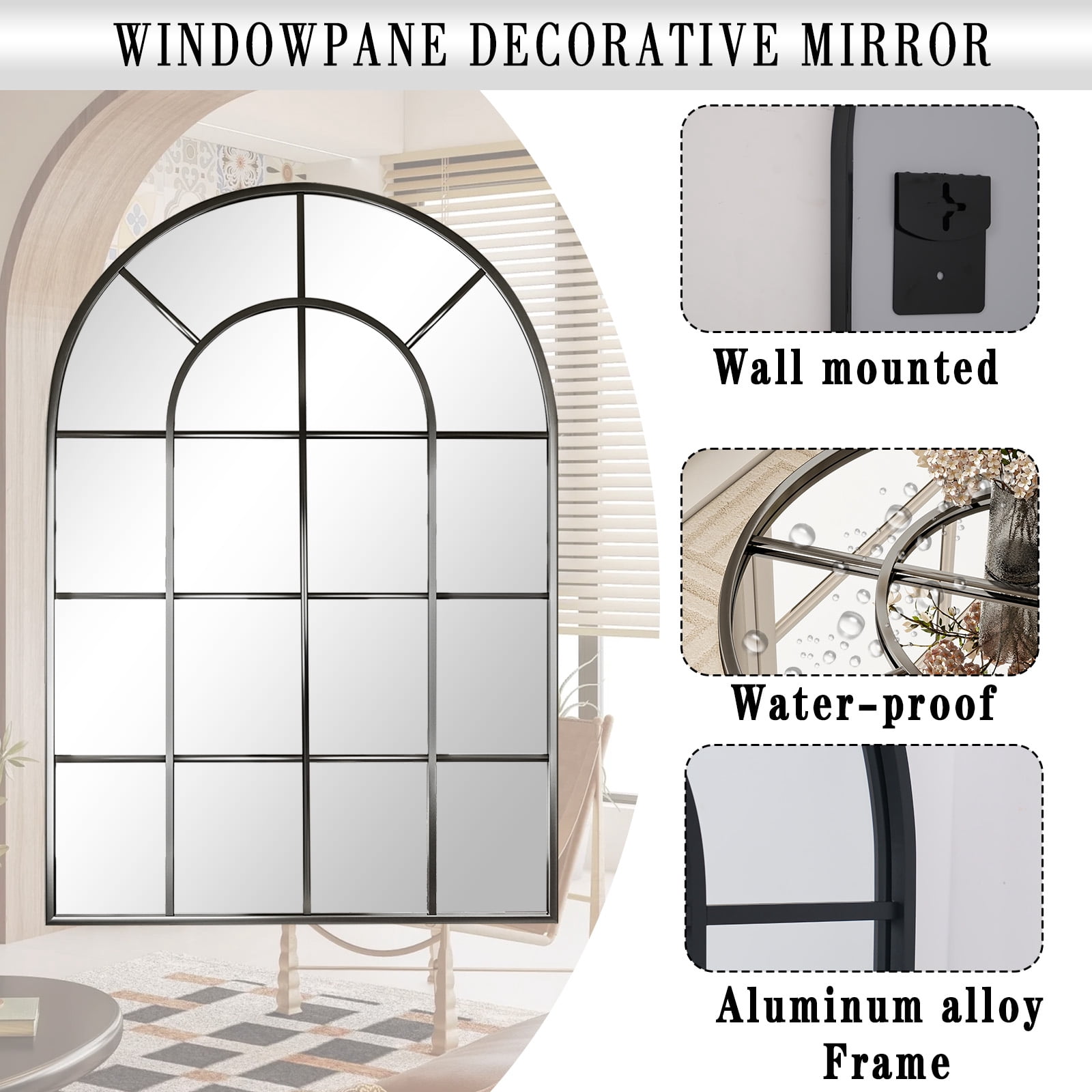 SHATTERVIEW 36" x 24" Windowpane Arched Mirror Bathroom Decorative Wall Mirror, Black
