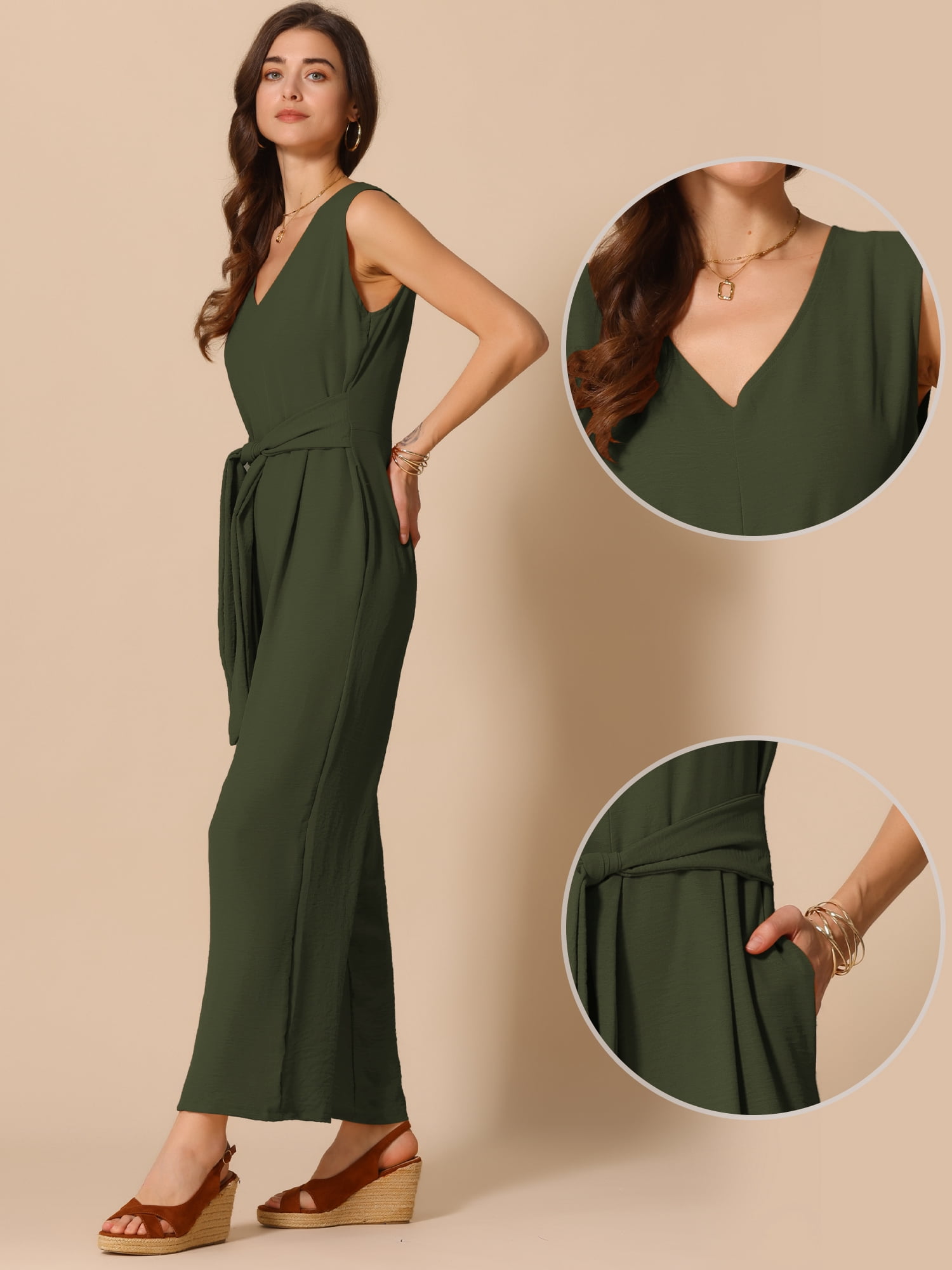 DARING DIVA Women's V Neck Casual Sleeveless Wide Leg Jumpsuit S Army Green