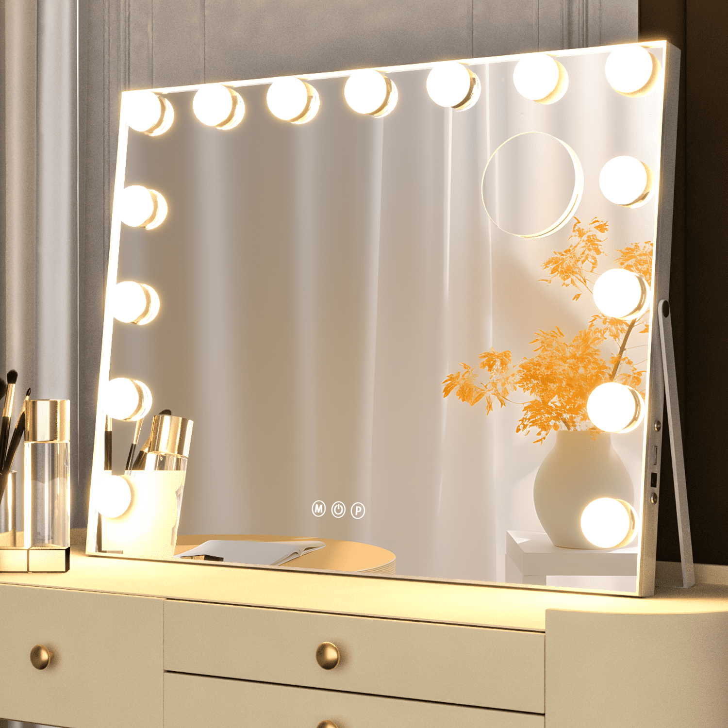 CONGUILIAO Hollywood Vanity Mirror with Lights, Vanity Makeup Mirror with 15 LED Bulbs, 3 Color Lighting Modes, USB Port, Smart Touch Control